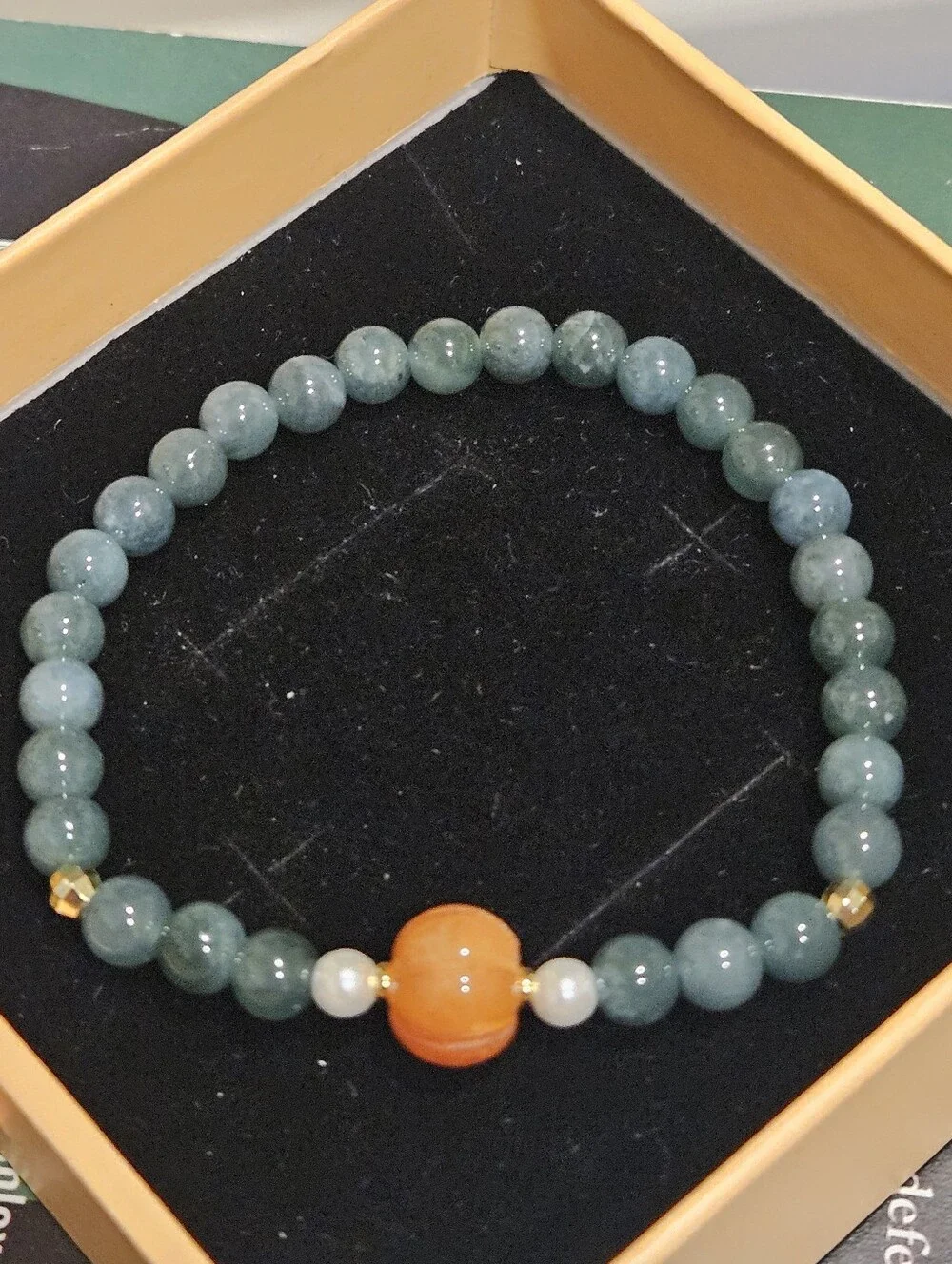 Dark Green Jadeite Beaded Stretch Bracelet with Orange Accent